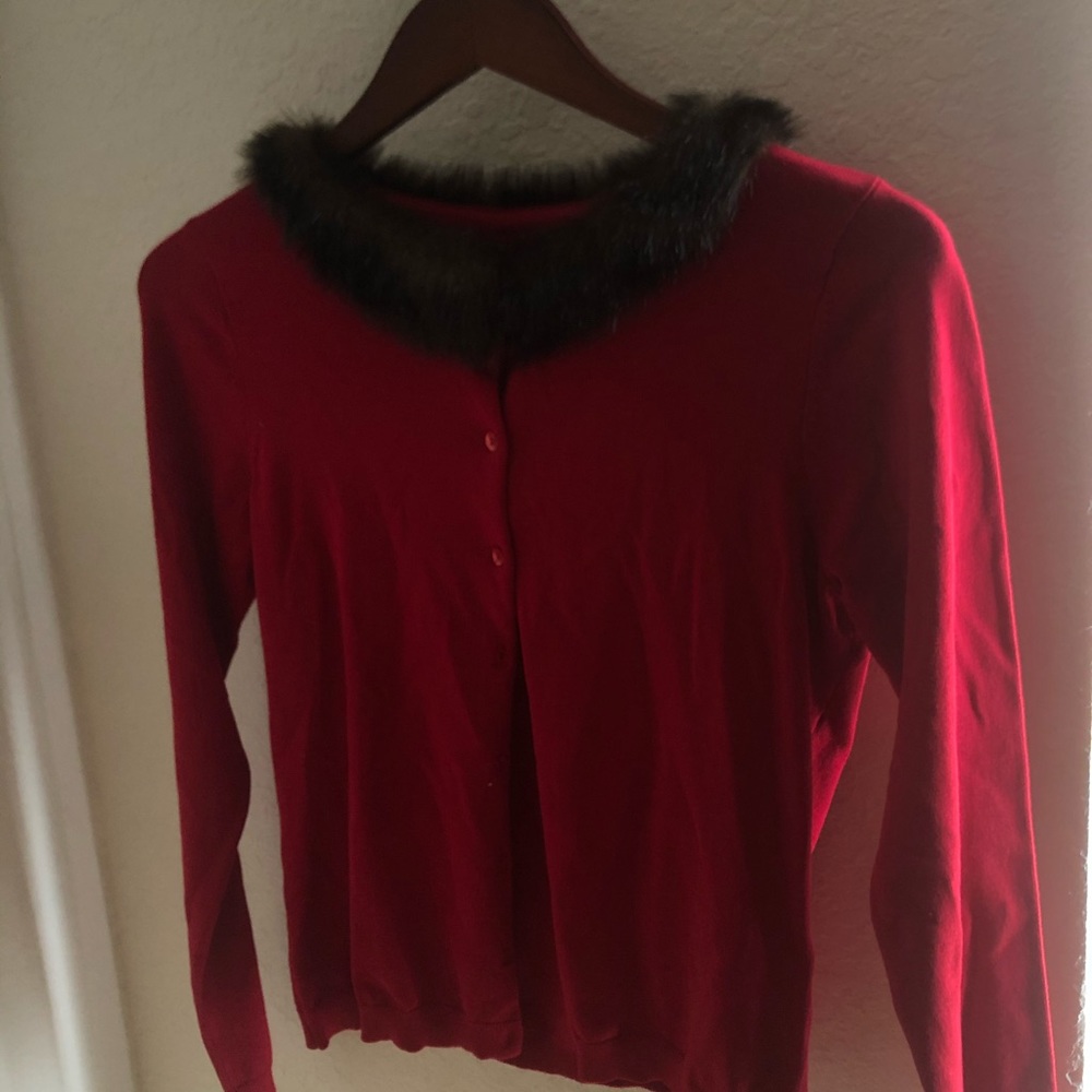 NEW Red Long Sleeve Cardigan with Faux Fur Collar
